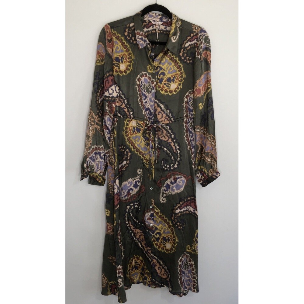 Esqualo Paisley Moss Green Collared Buttoned Ties MIDI Dress 8 Viscose